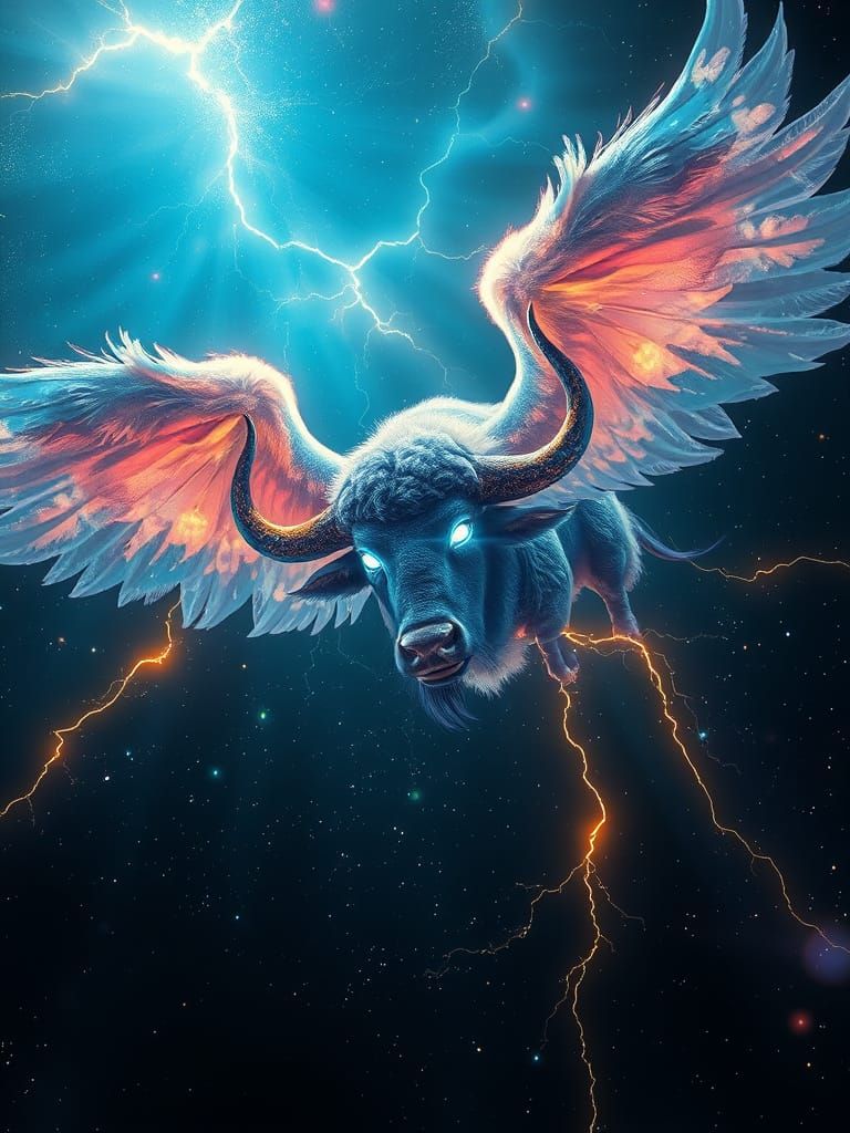 Epic Celestial Buffalo with Feathered Wings Soars