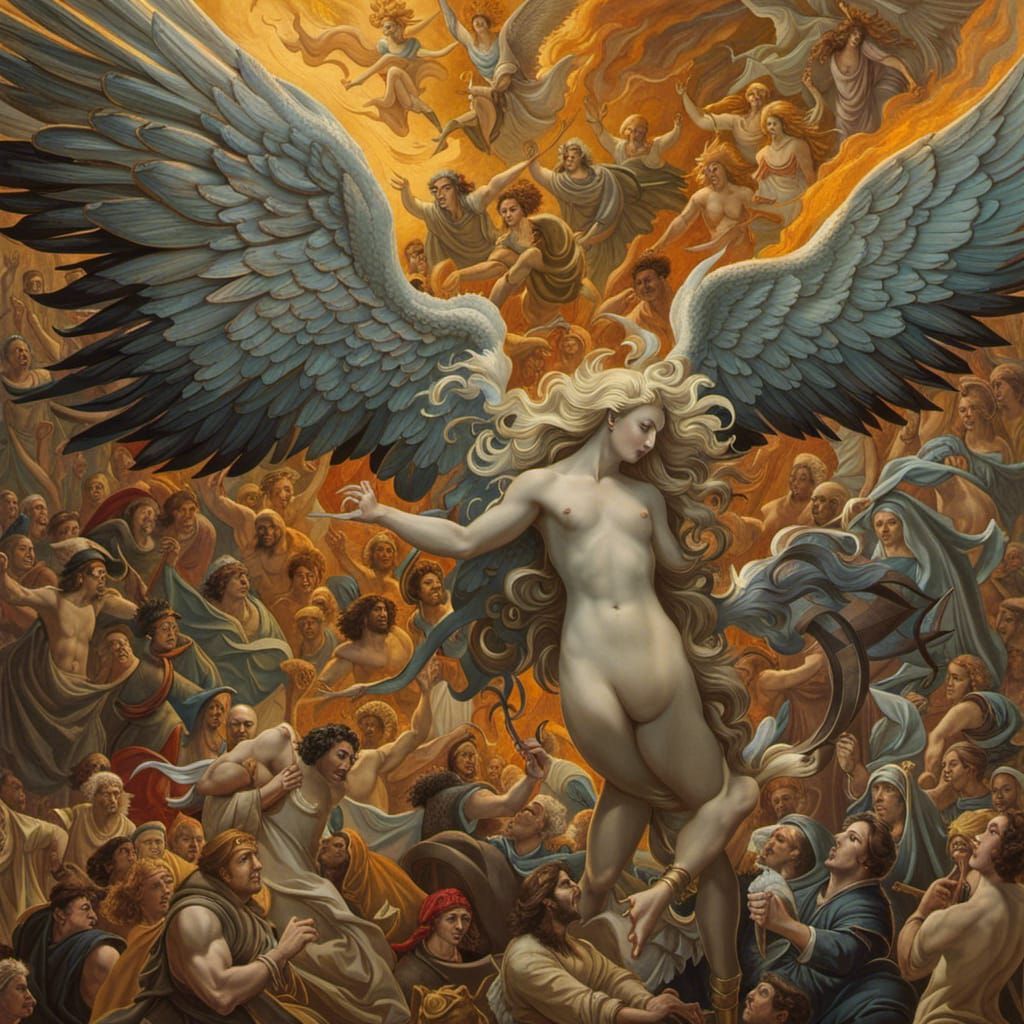 Angels vs Demons Fight in Stained Glass Style