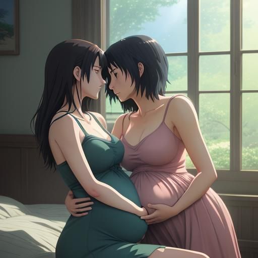 Pregnant Woman Embracing Wife: Studio Ghibli Anime