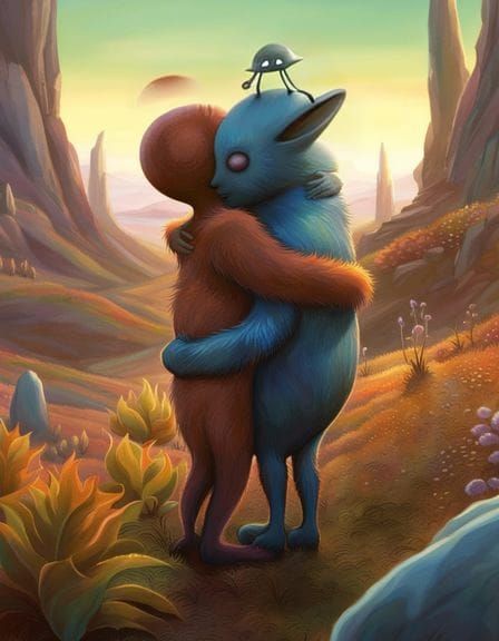 Cute Furry Aliens Embrace on Alien Planet