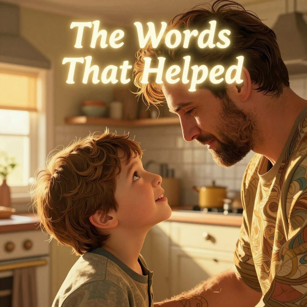 Father and Son's Kitchen Embrace in Golden Light