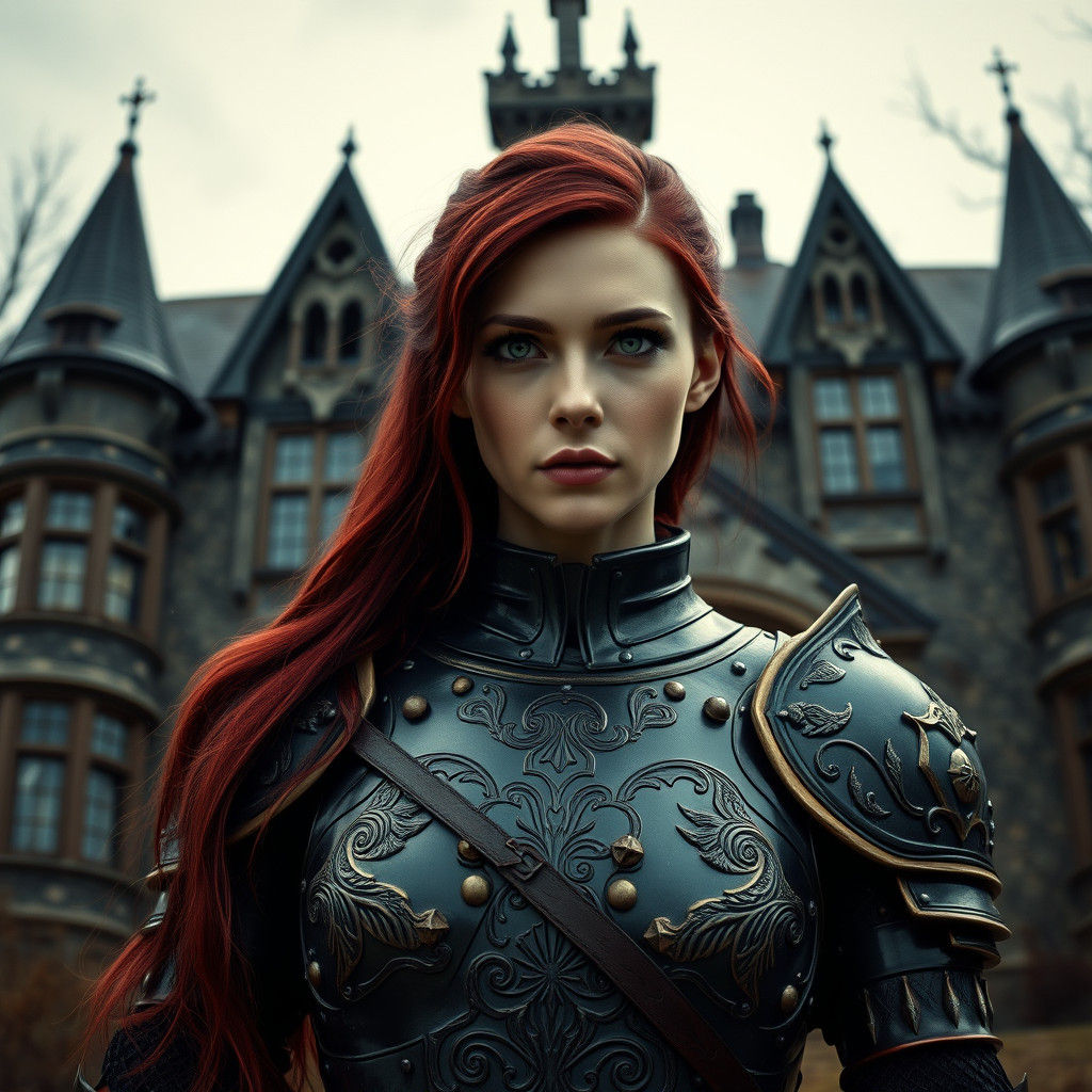 Ethereal Warrior in Crimson Locks Stands Before Abandoned Ma...