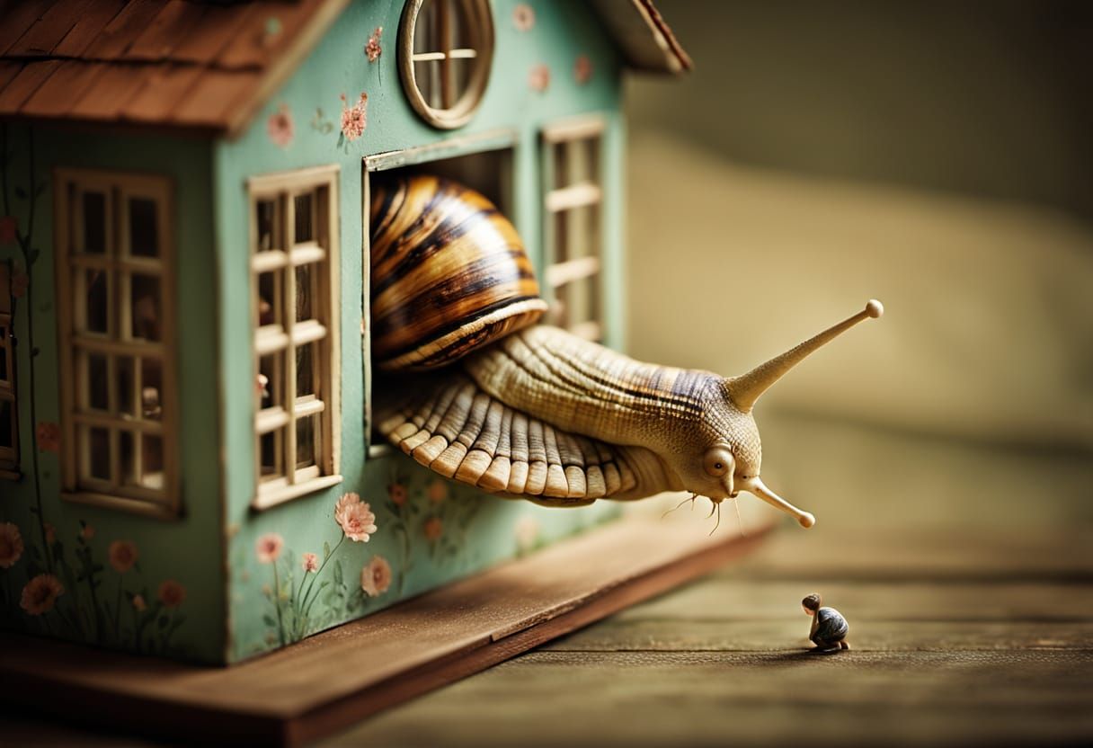 Whimsical Giant Snail Emerges from Fantasy Dolls House