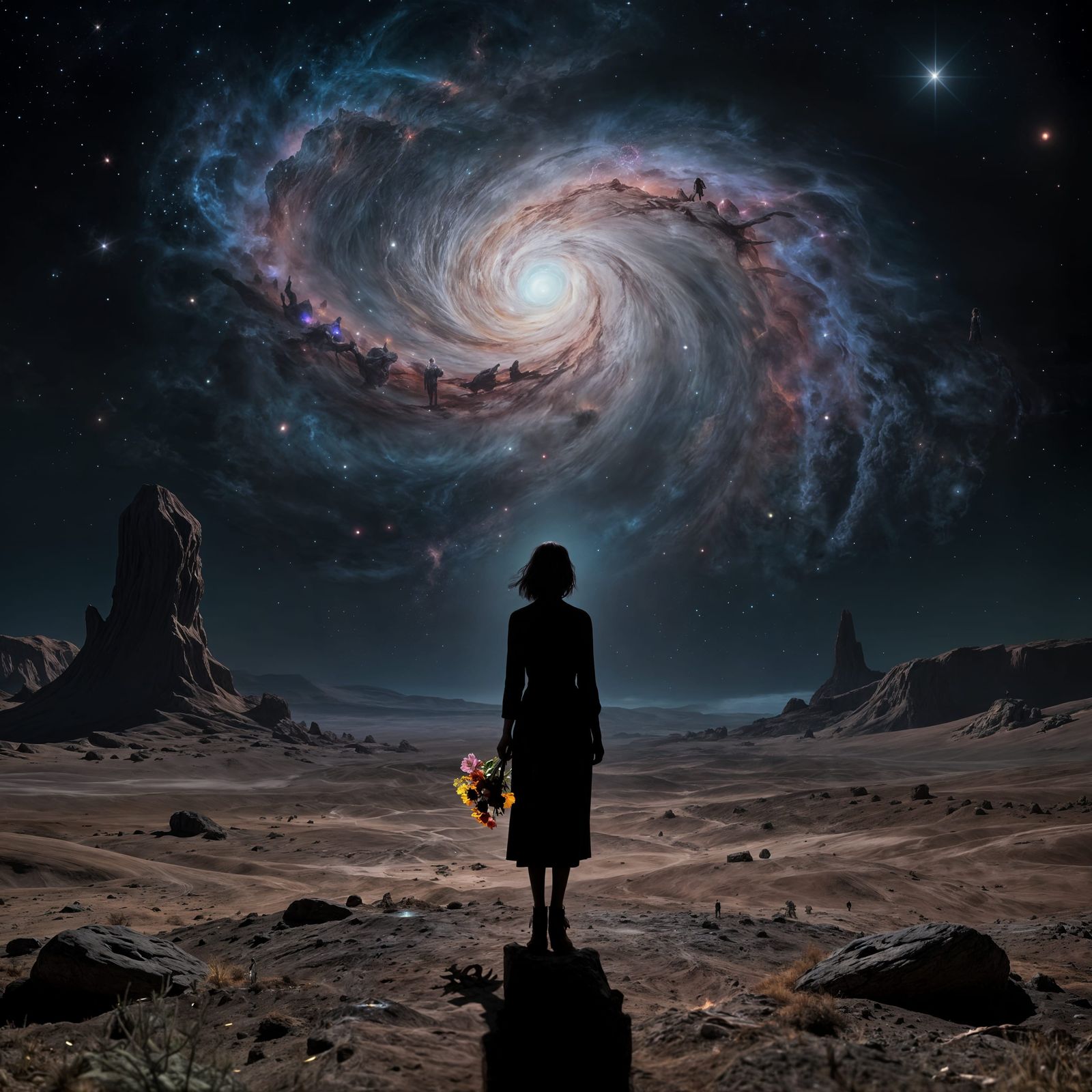 Woman Gazes at Nebula on Alien Planet