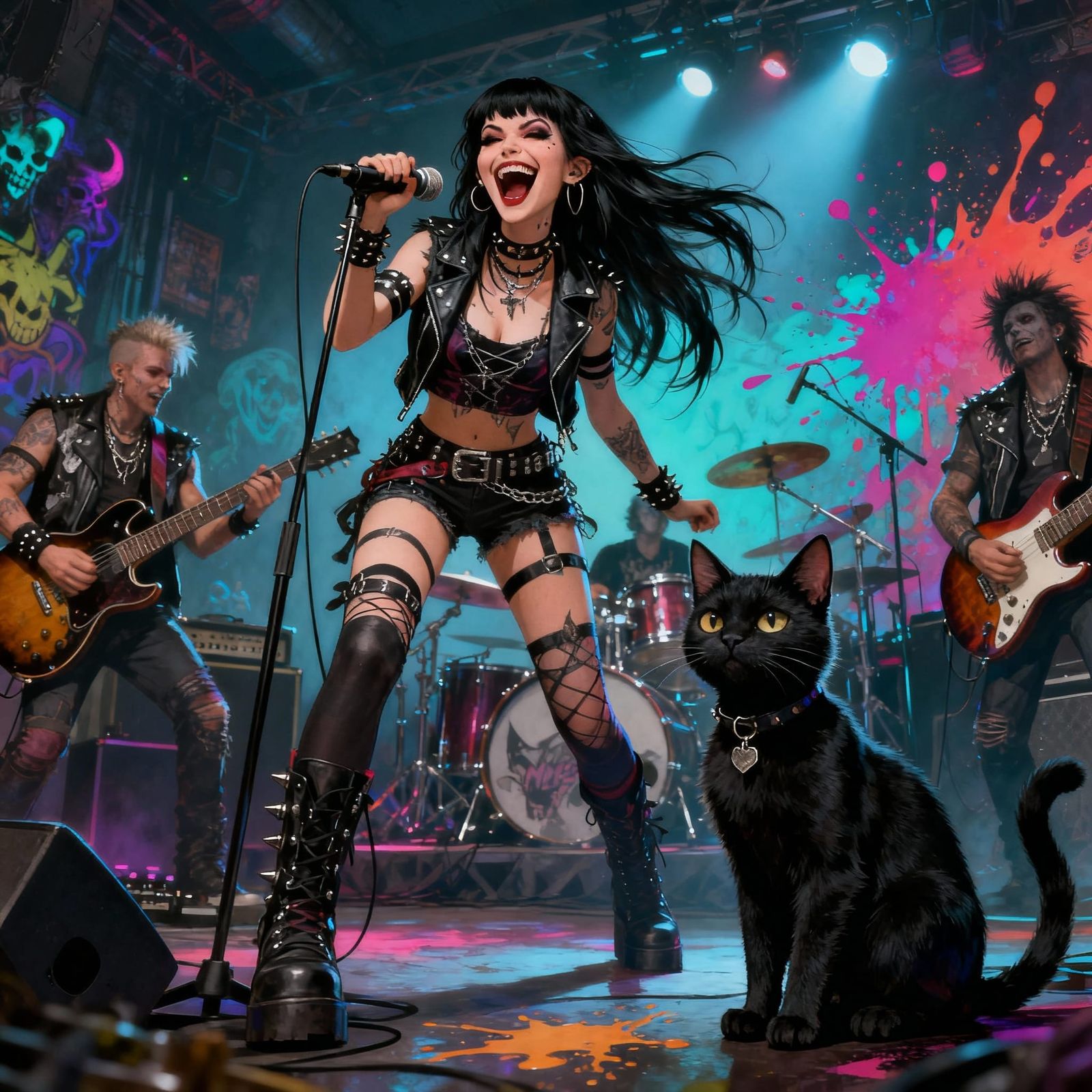 Punk Rock Woman and Cat Perform with Band