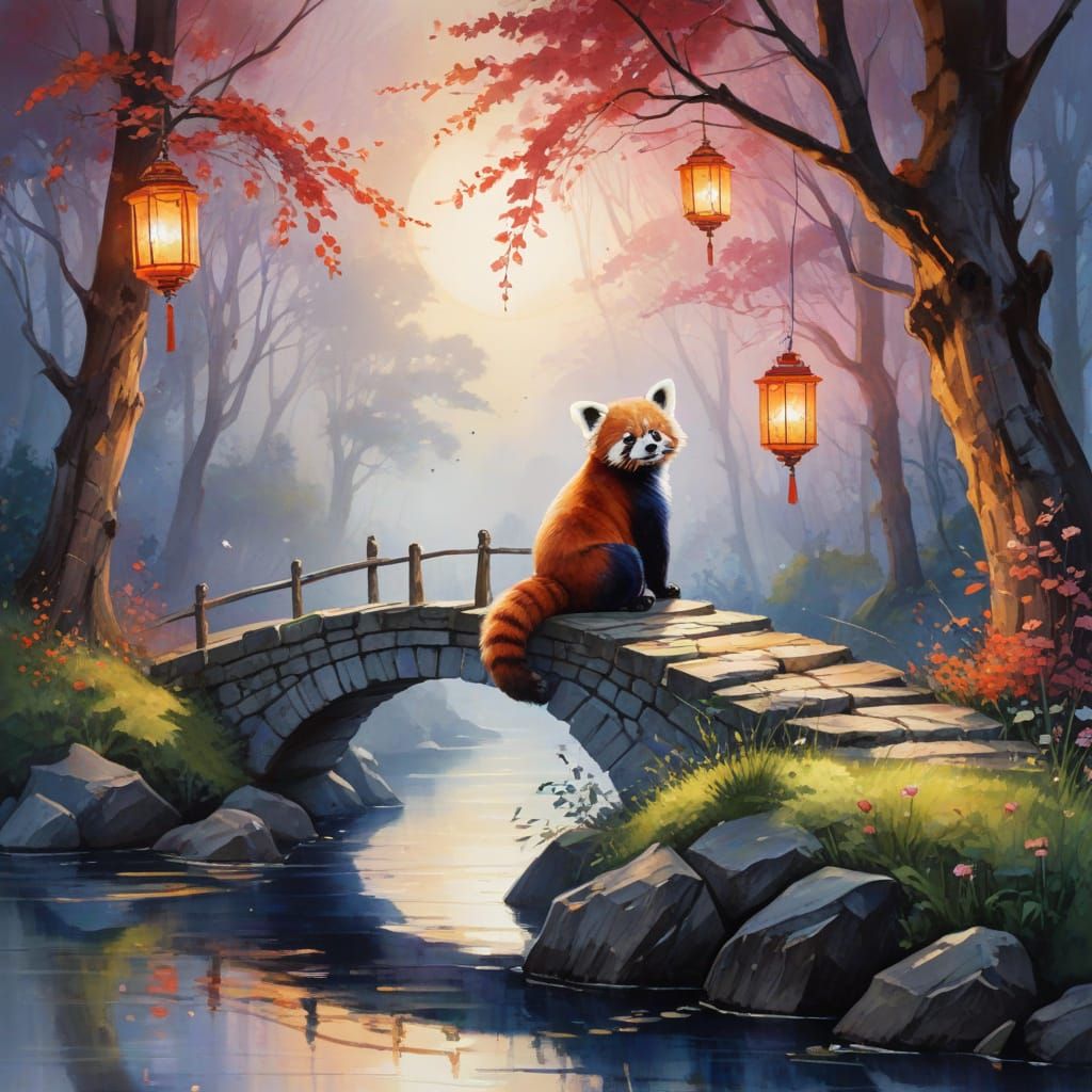 Curious Red Panda in Enchanted Lantern Grove