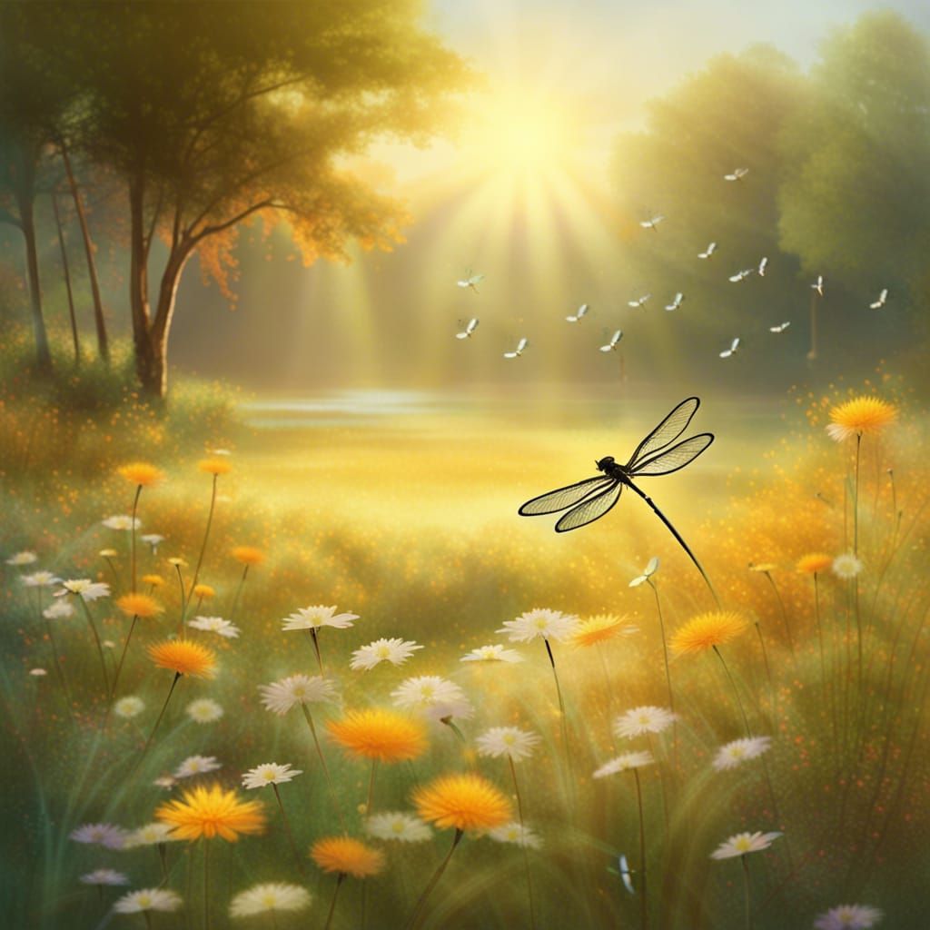 Dragonflies Dancing in Sunlit Meadow: Anime Key Visual