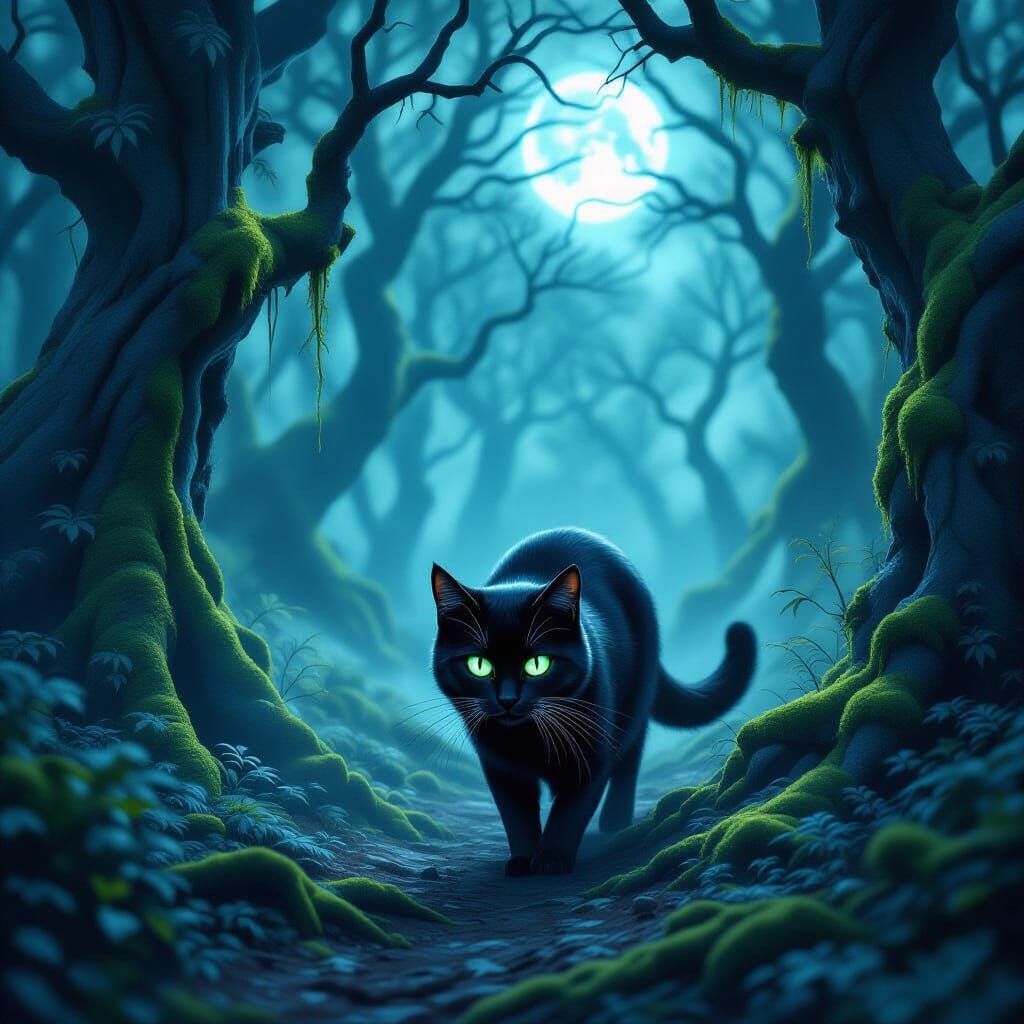 Mystical Forest Cat in Ethereal Moonlight