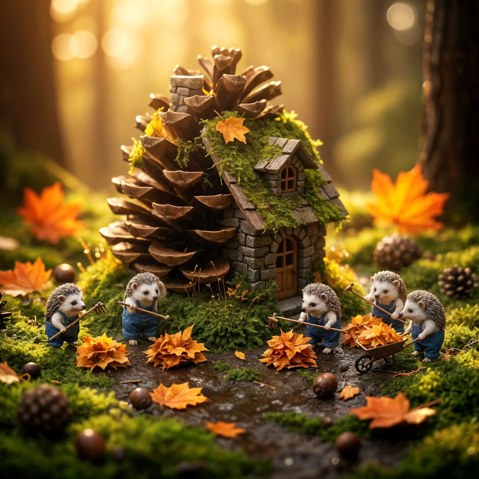 Miniature Hedgehogs Raking Leaves by Pinecone Cottage