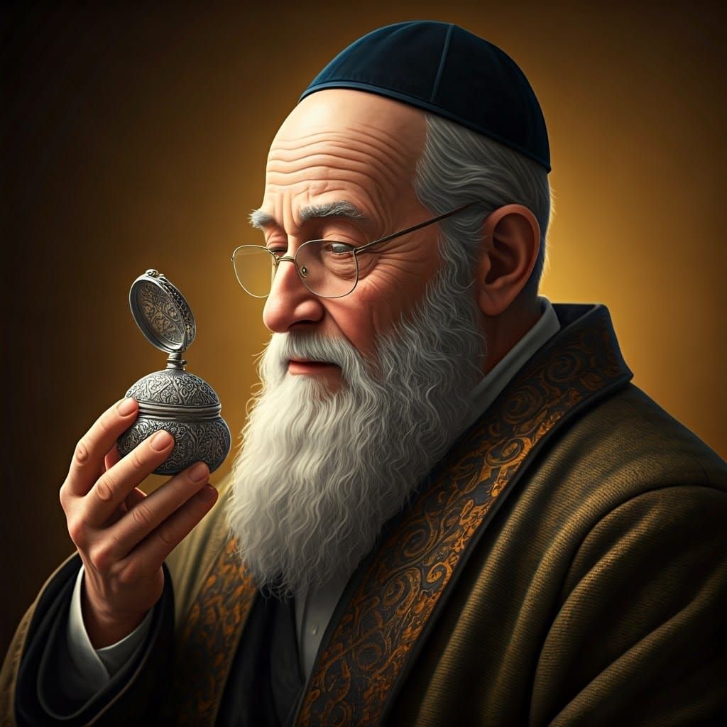 Elegant Jewish Elder Savoring Fragrance in Golden Light