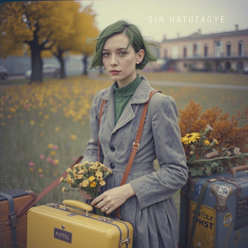 Woman Among Wildflowers in Vintage Traveler's Paradise