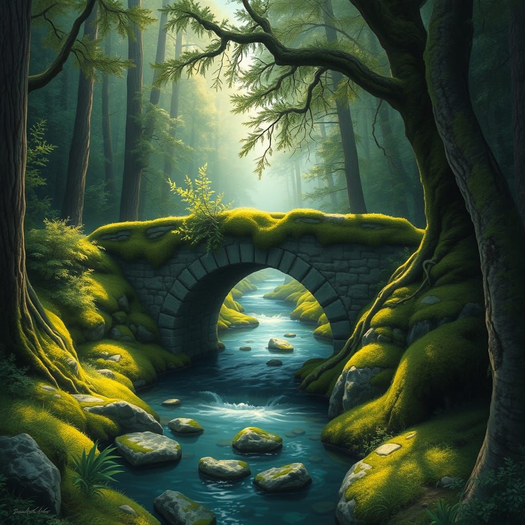 Ancient Stone Bridge in a Primeval Forest