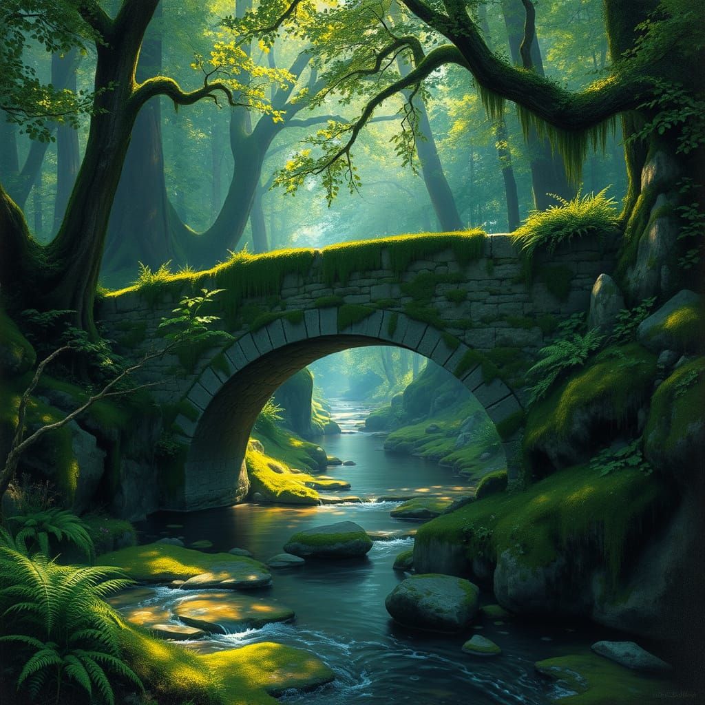 Mystical Stone Bridge in Primeval Forest