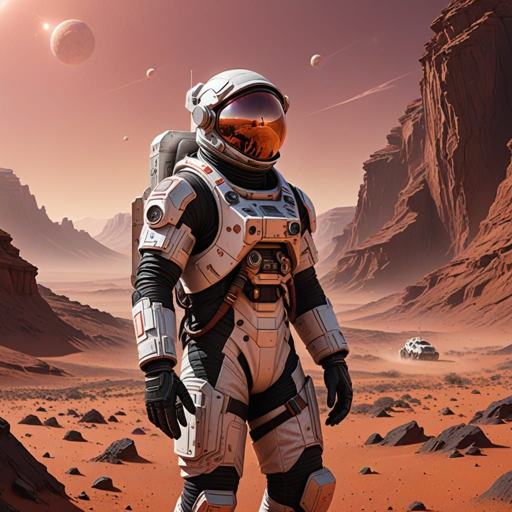 Astronaut Explores Desolate Martian Landscape in Retrofuturi...