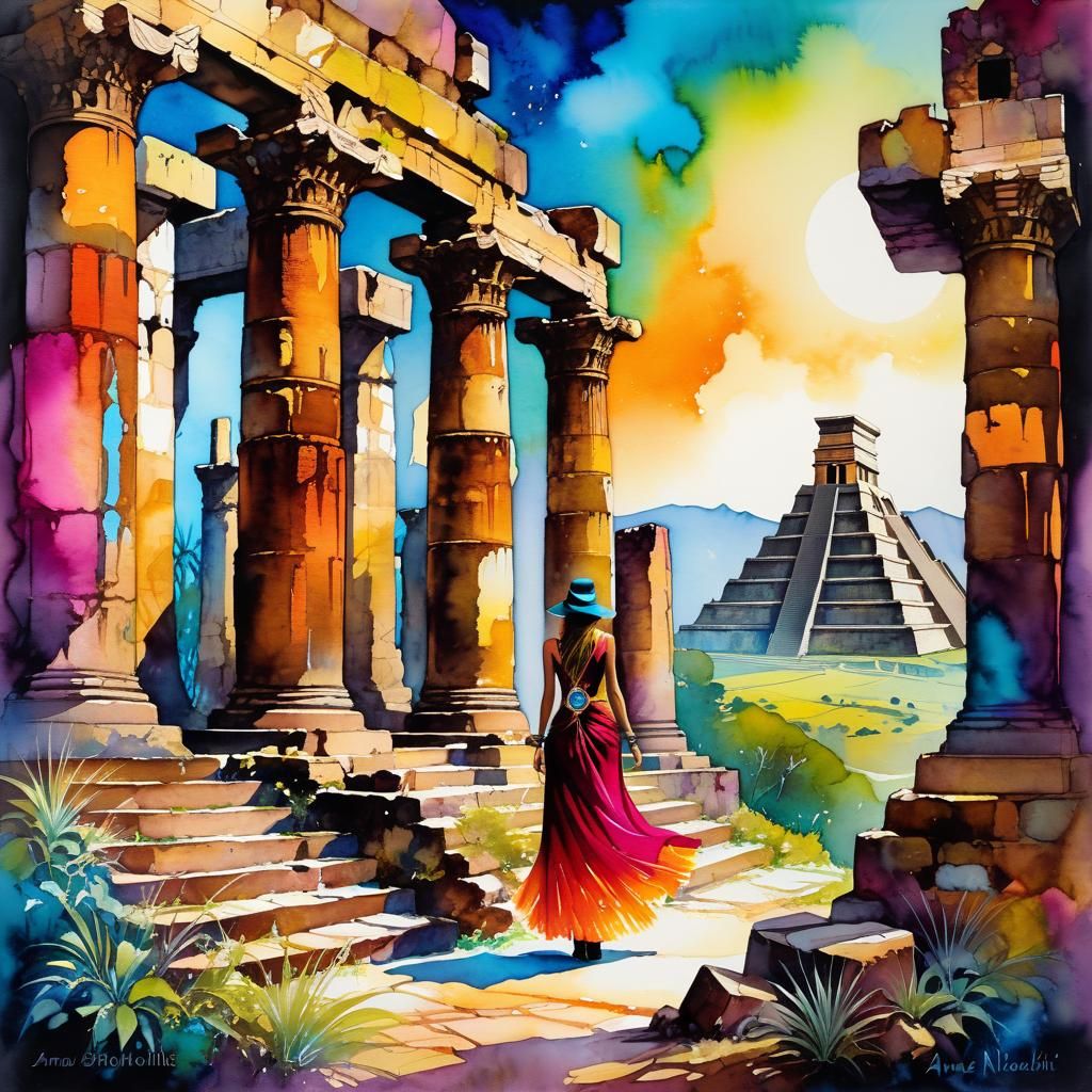Bohemian Traveler in Dystopian Ruins: Alcohol-Ink Art