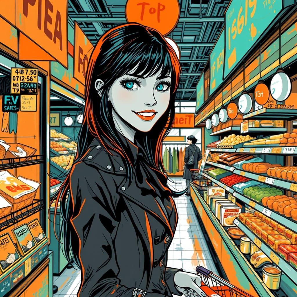 Gothic Goddess Shopping in Black and White Line Art