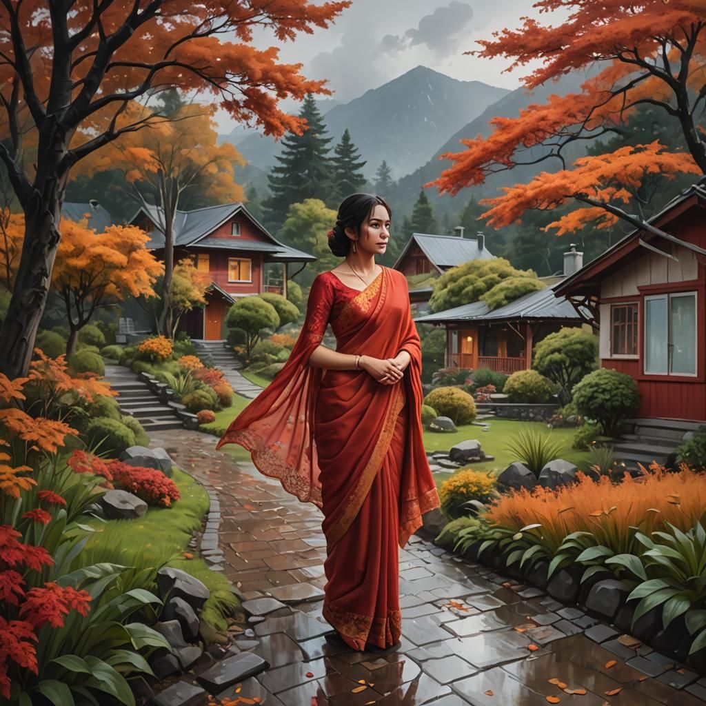 Woman in Saree in Autumn Rain Garden