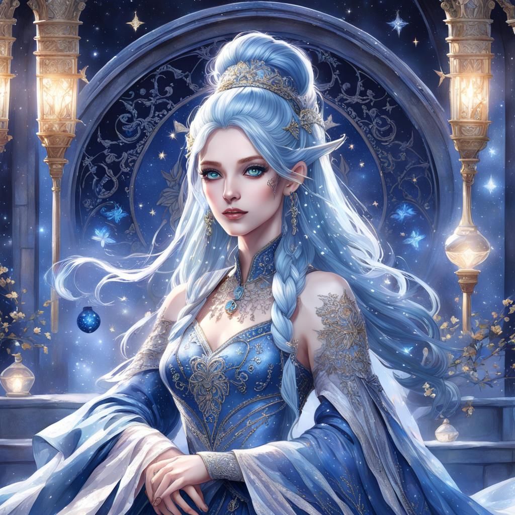 Blue-Haired Girl in Renaissance Dress, Digital Art