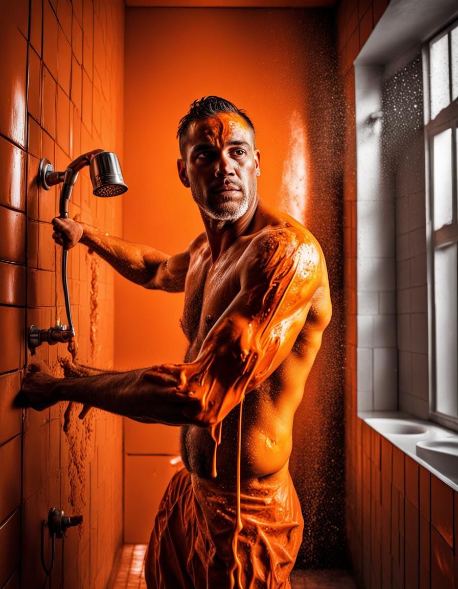 Man Showering with Orange Paint, Hyperrealistic Style