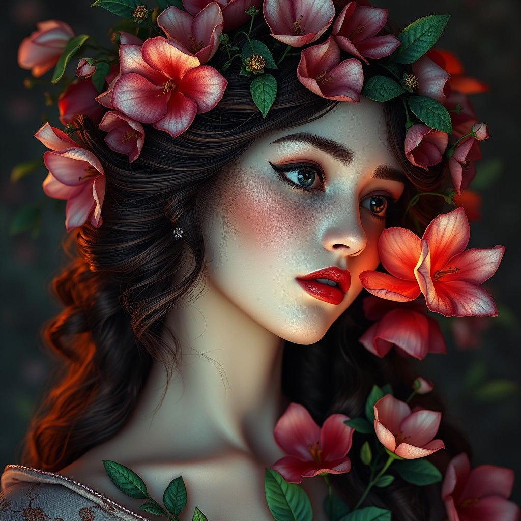 Fantasy Flower Girl Portrait in Art Nouveau Style