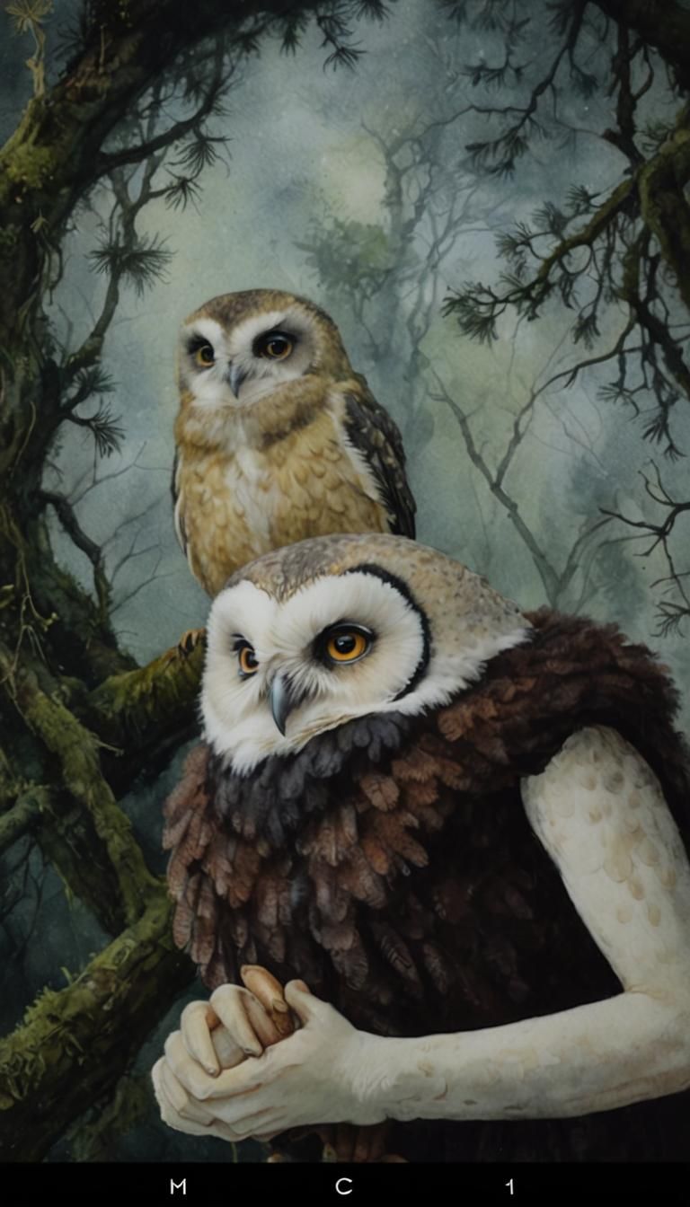 Spectacled Owl on Branch in Watercolor Style