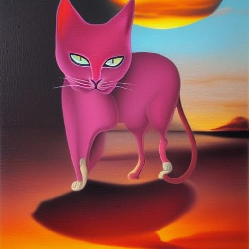 Pink Cat Sunset: A Surreal Oil Painting