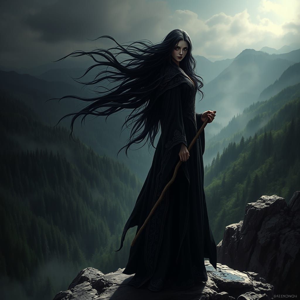 Solitary Witch on Windswept Cliff in Dark Fantasy Style