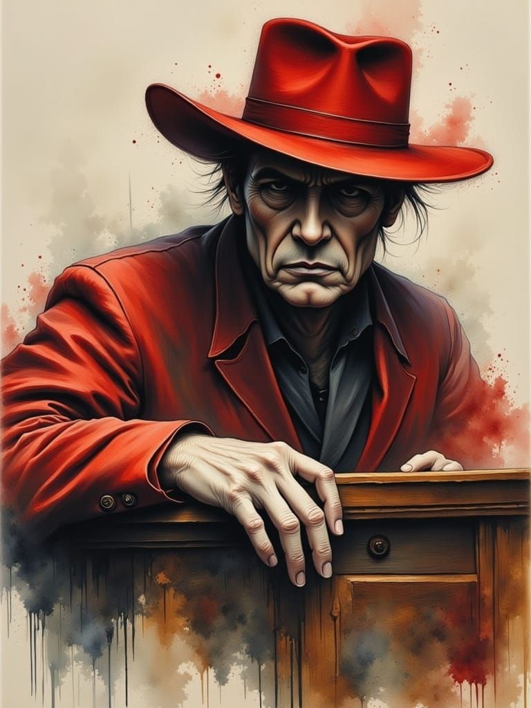 Red Hat Hidden Face Ink Wash Painting