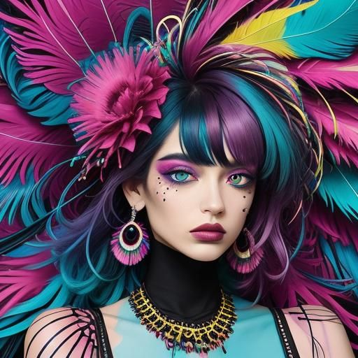 Magenta Peacock Woman in Abstract Expressionism Style