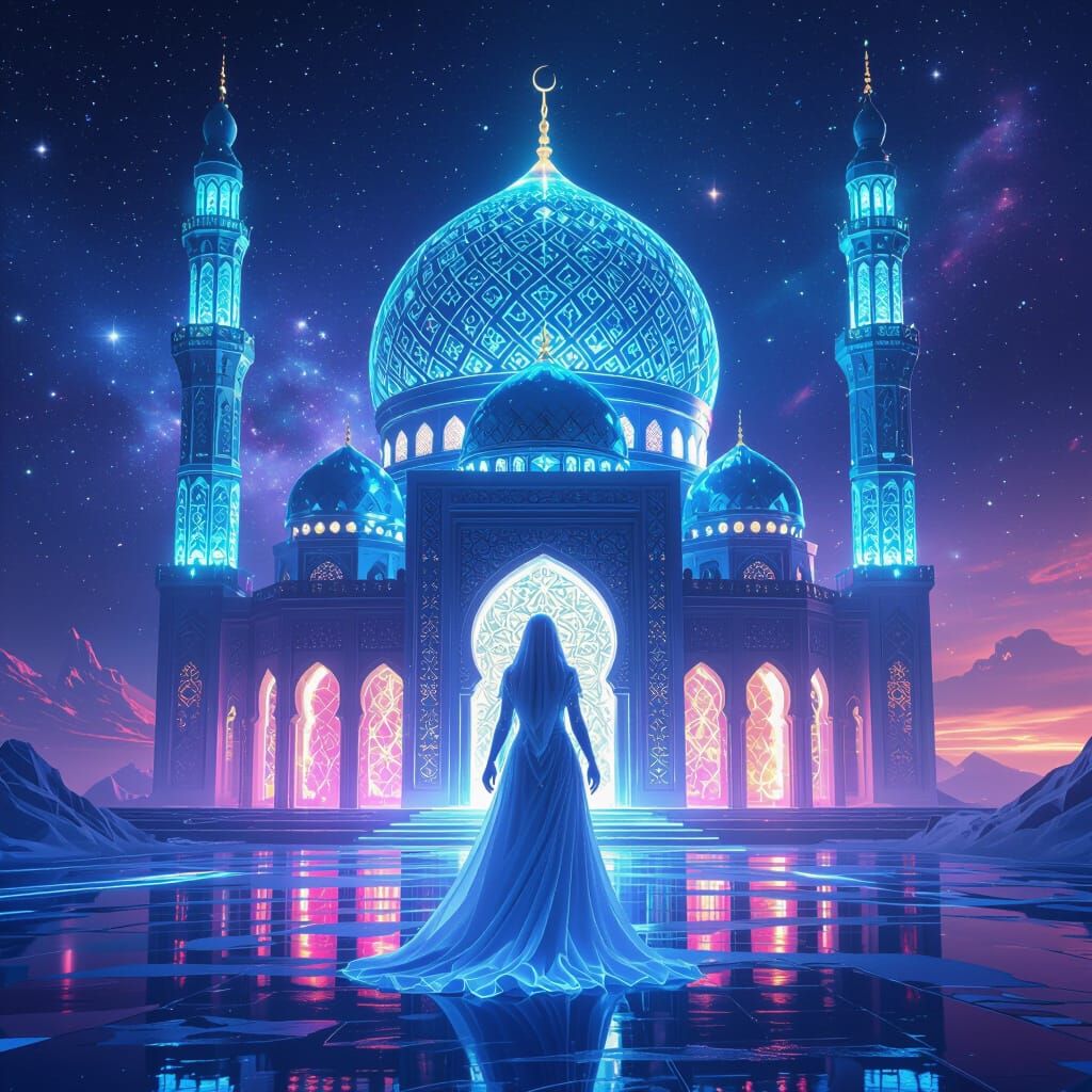 Ice Goddess Before Neon Mosque in Cosmic Cyberpunk Space
