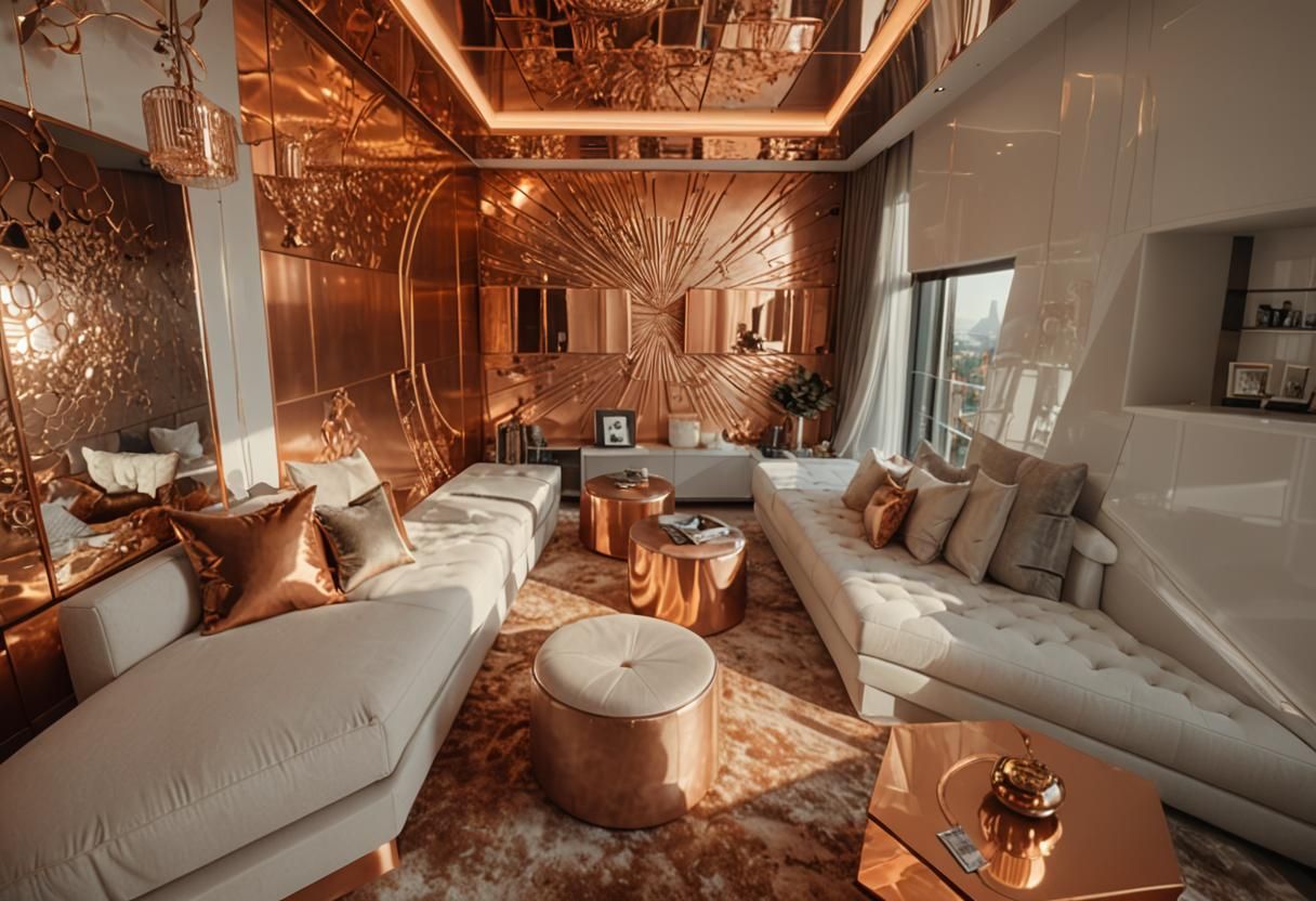 Luxurious Bedroom with Copper Sunset Wall Art