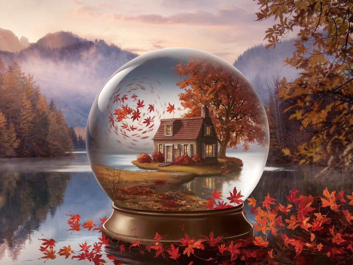 Autumn Cottage in a Swirling Leaf Globe as Oil Painting