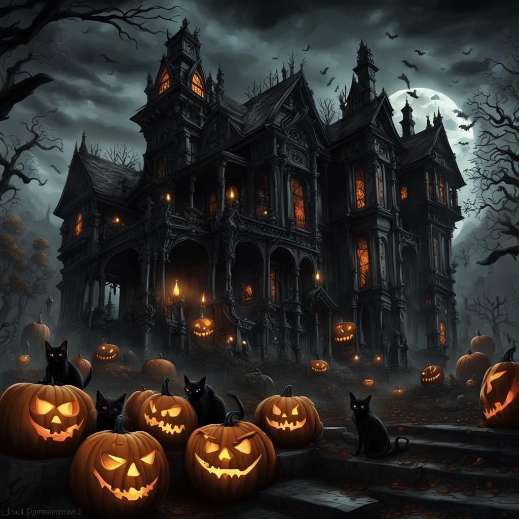 Gothic Mansion with Dancing Skeletons in Digital Art