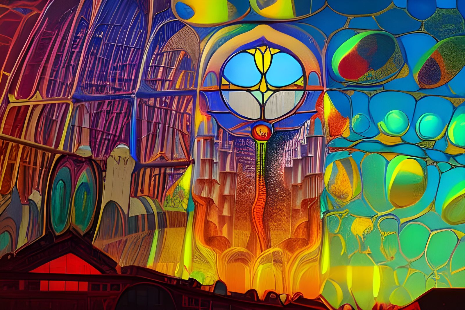 Retro-Futuristic City in Stained Glass Style