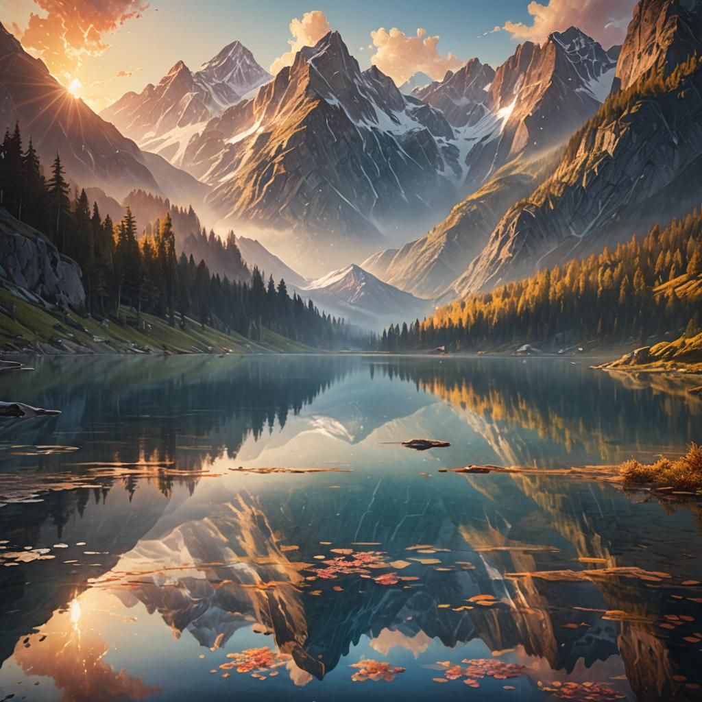 Majestic Mountains Reflected: An Oil Painting at Sunrise