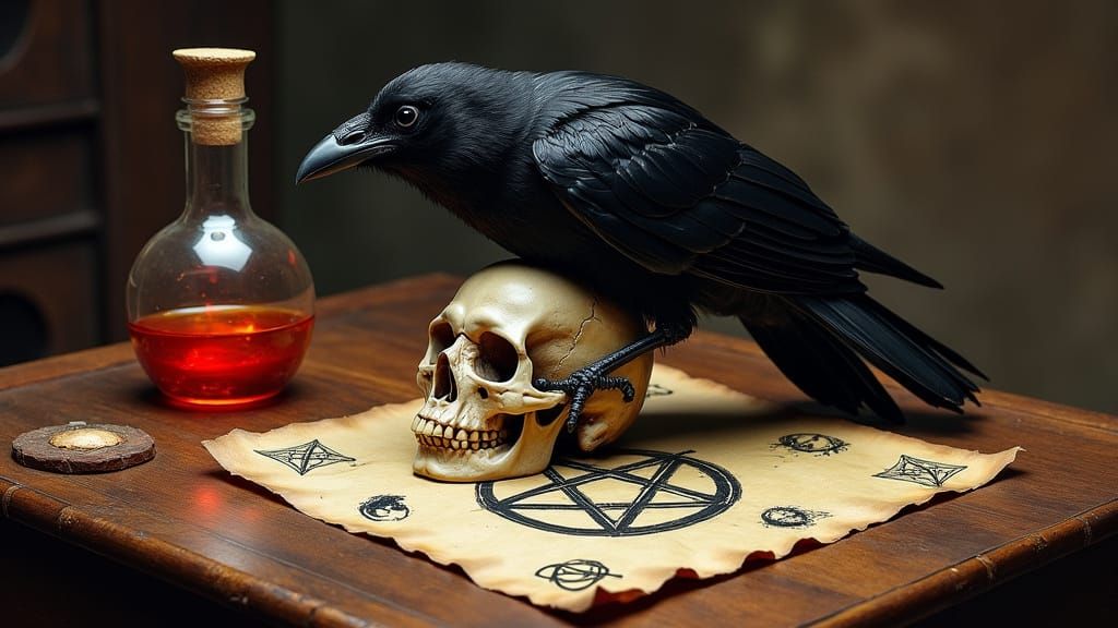 Raven Perched on Skull with Occult Objects