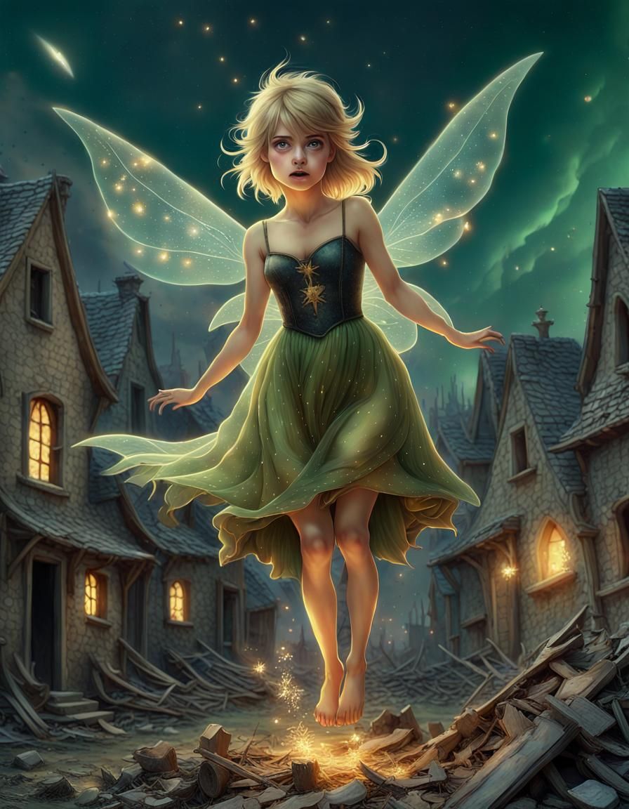 Ethereal Tinkerbell Above Destroyed Village