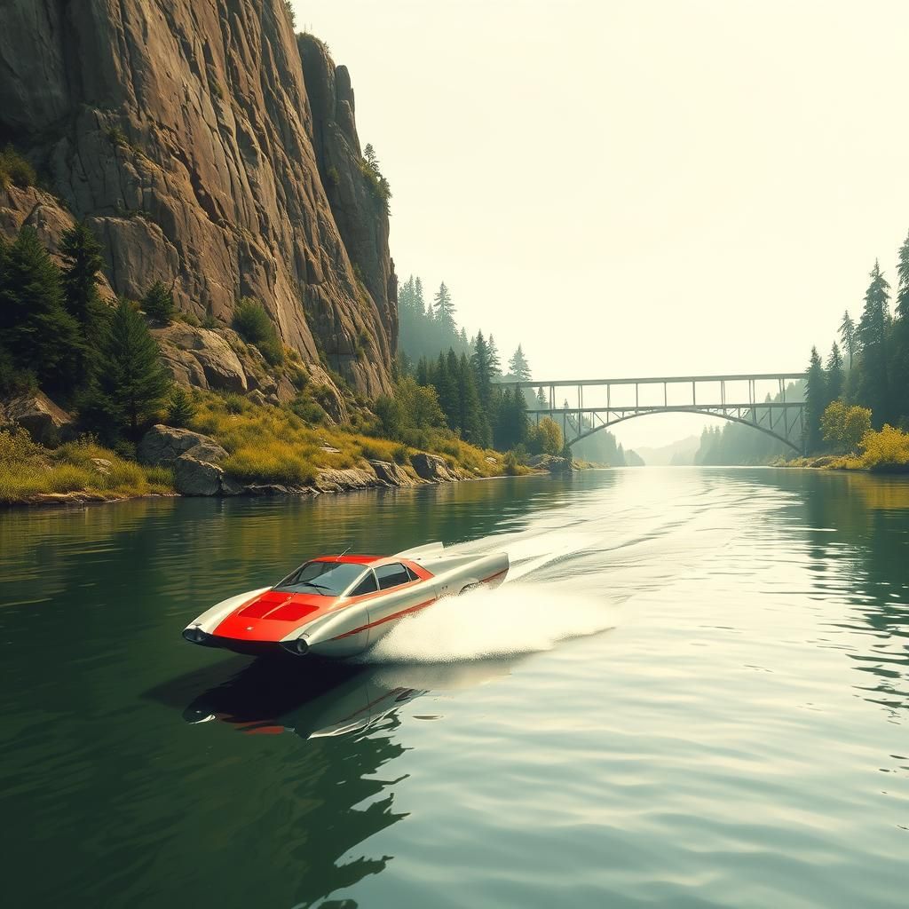 Flying Car Over River with Bluff: Realistic Image