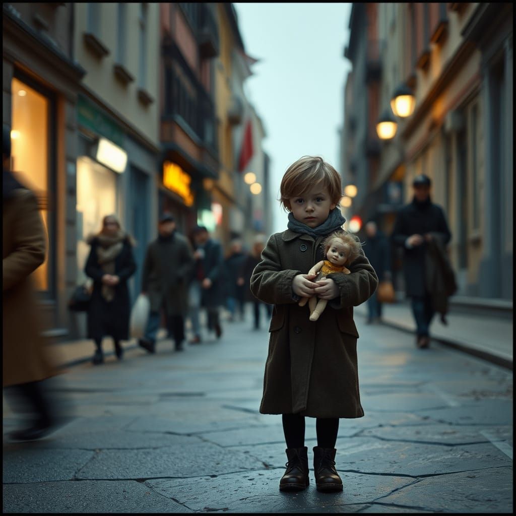 Lonely Child on City Street in Cinematic Style