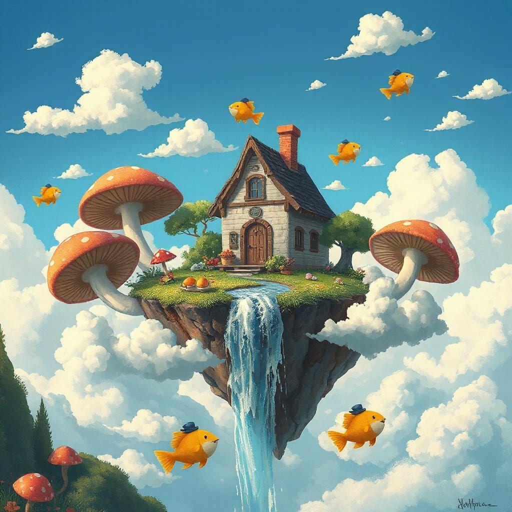 Cozy Floating Island Home with Whimsical Creatures
