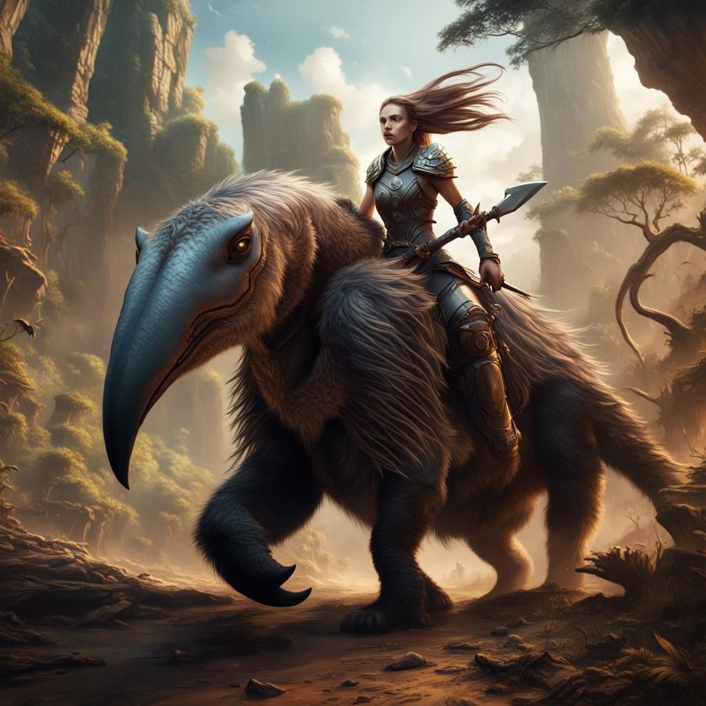 Warrior Girl Rides Giant Anteater: Fantasy Art