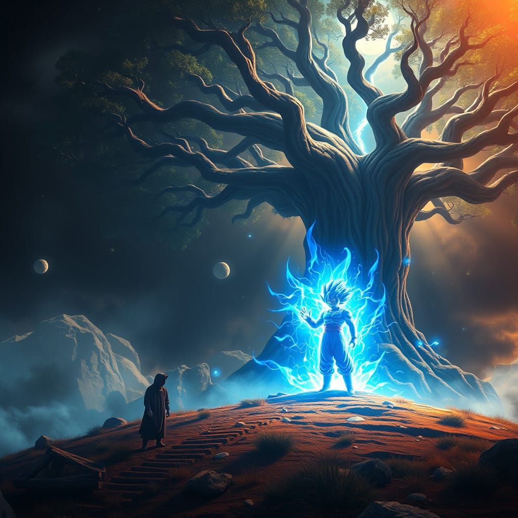 Epic Fantasy: Goku vs. Ominous Imposter near Universal Tree