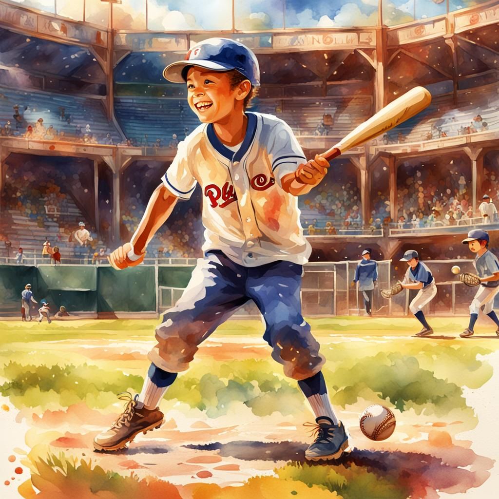 Boy Plays Baseball: Watercolor Art, Joyful Sunlight