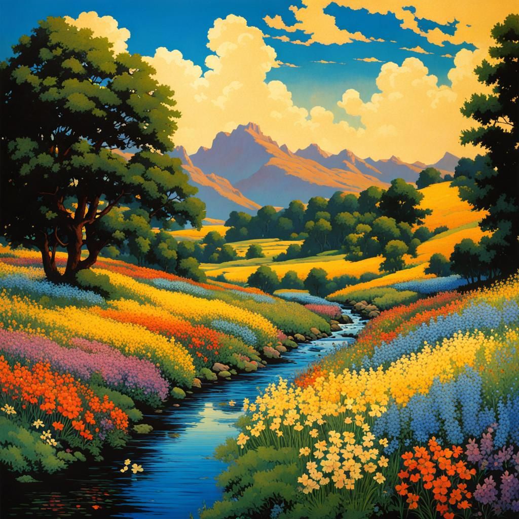 Colorful Wildflower Stream Landscape in Parrish Style