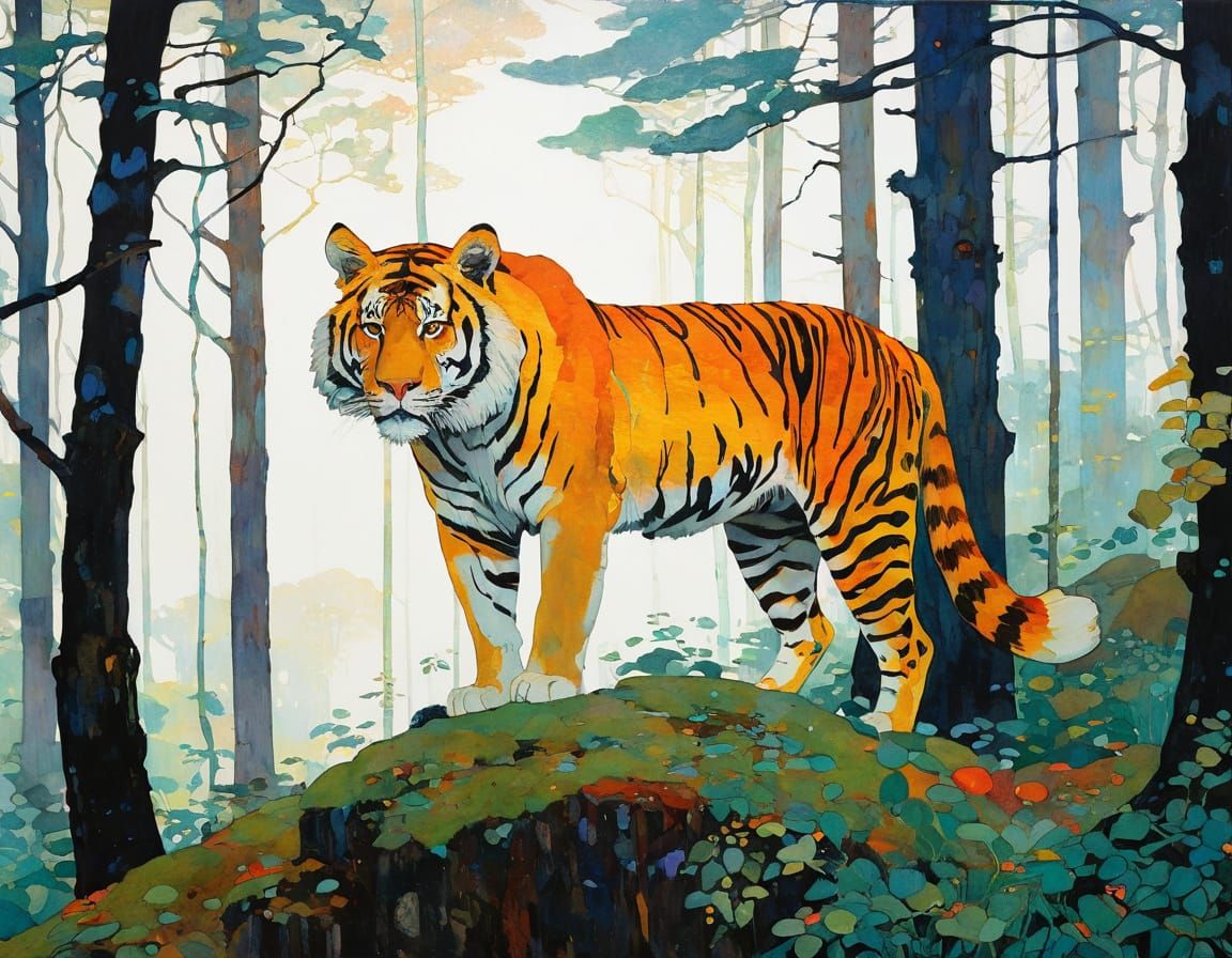 Mysterious Golden Hour Forest in Art Nouveau Style