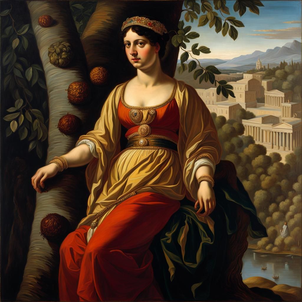 Girl on Tree in Classic Oil Painting Style