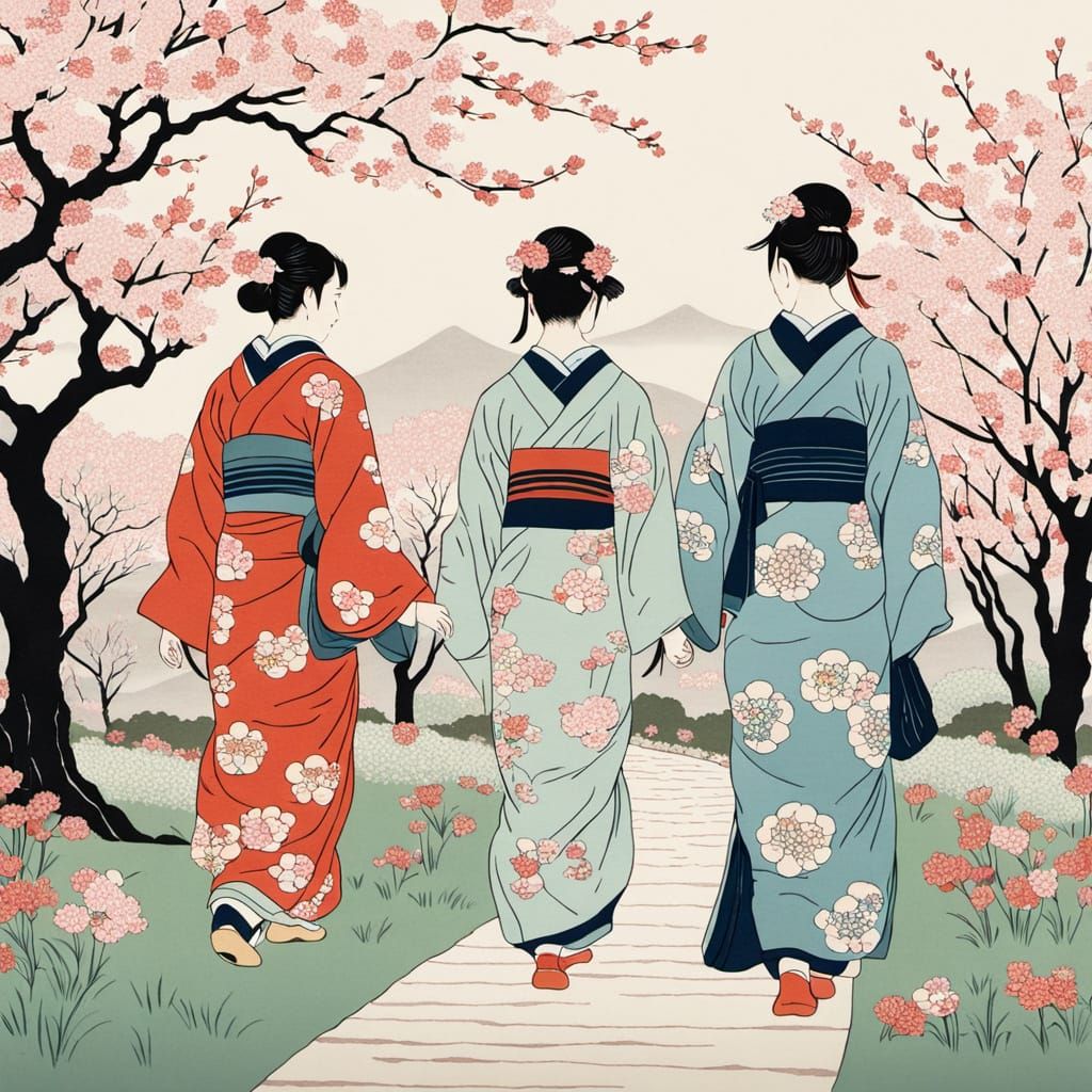 Ukiyo-e Garden Scene with Cherry Blossoms