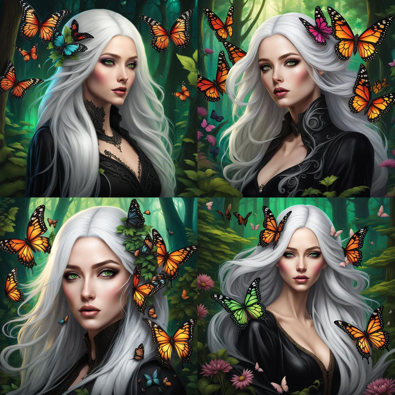 gothic princess with flowing white hair, green eyes, wearing...