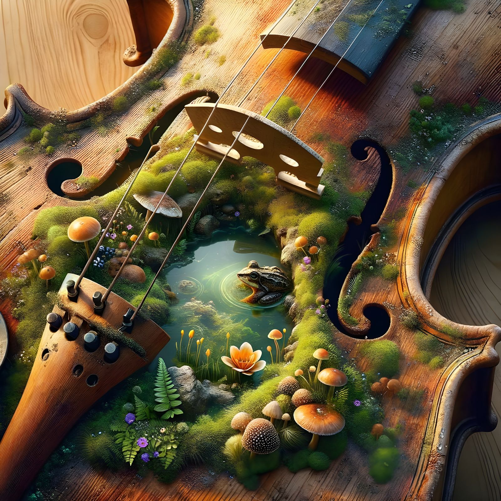 Time-Worn Violin in Whimsical Ecosystem