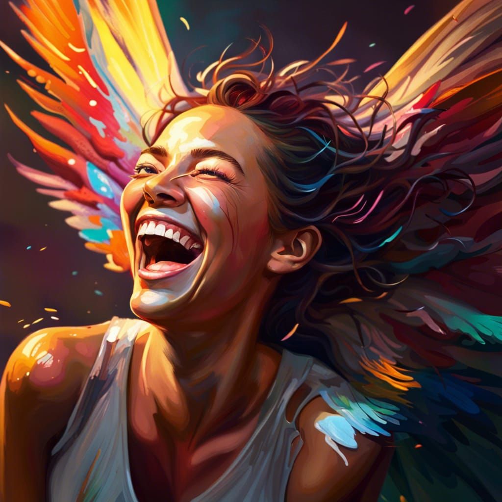Winged Woman Laughing in Hyperrealistic Splash Art